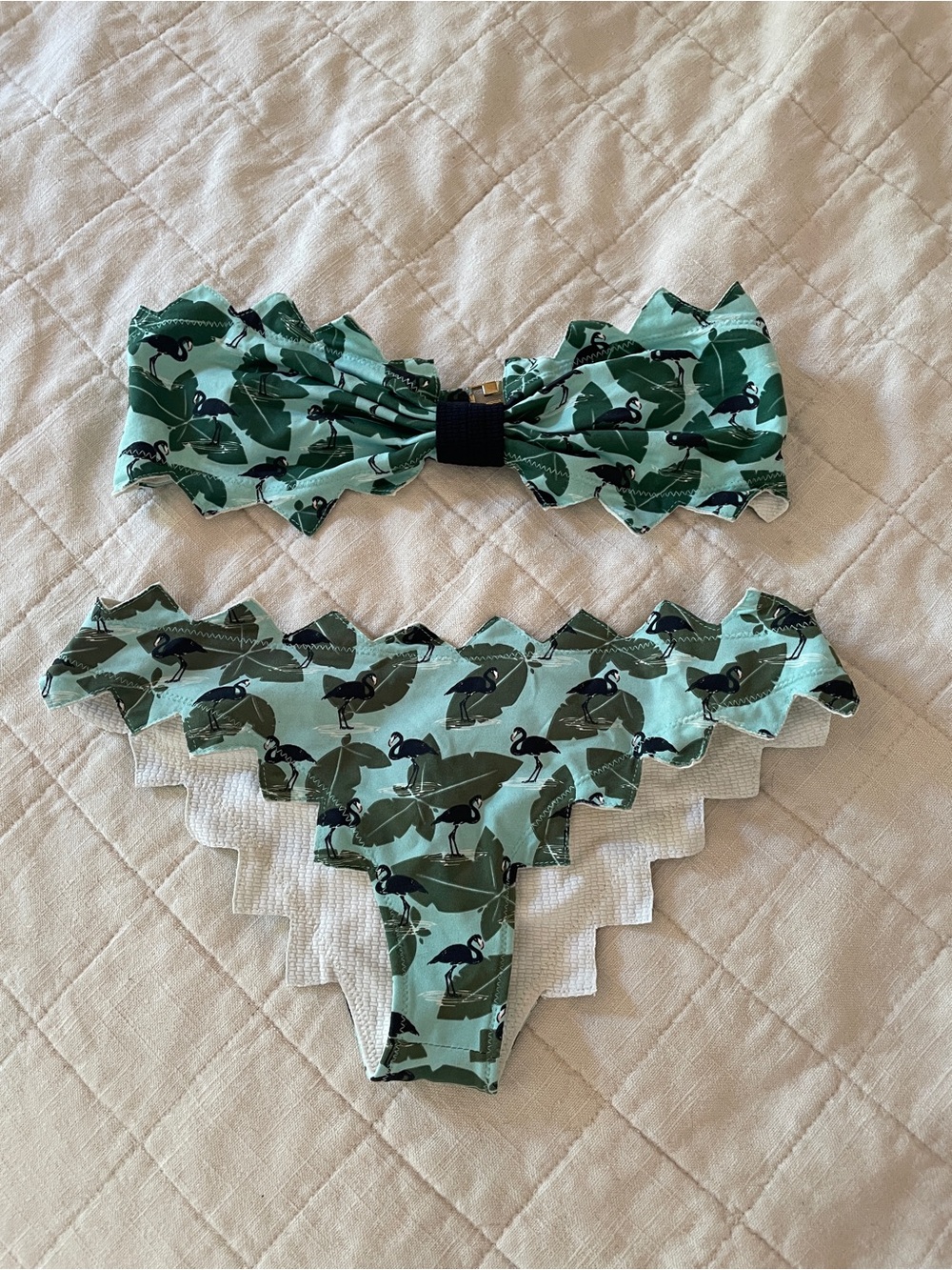 Marysia Swim Mint Green Black Flamingo Print Scalloped Bikini Set